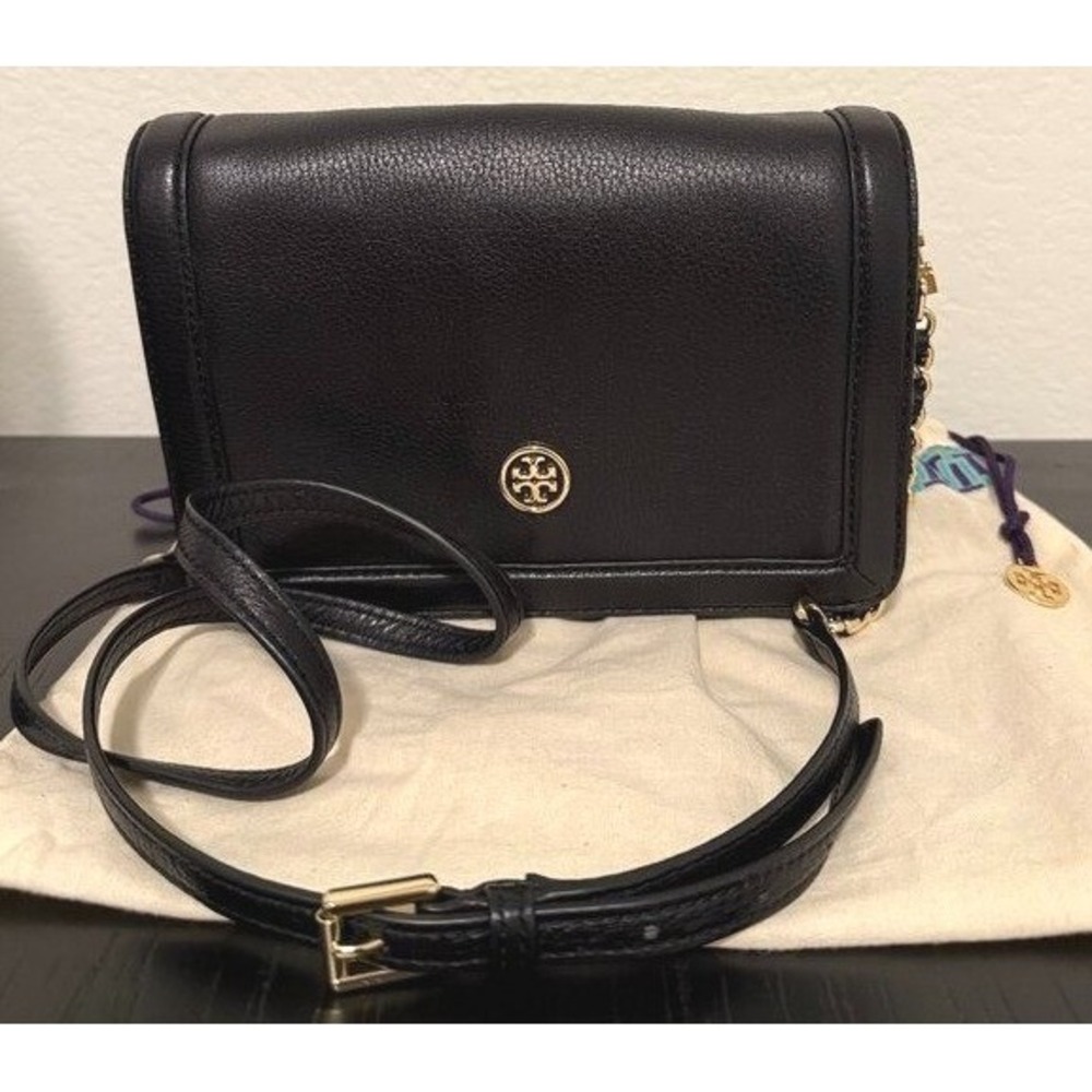 Tory Burch Landon Black Pebbled Leather Crossbody Bag Gold Logo Chain Strap - Picture 3 of 7